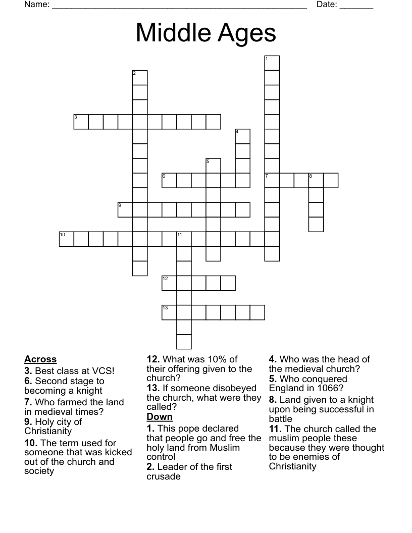 Middle Ages Crossword WordMint