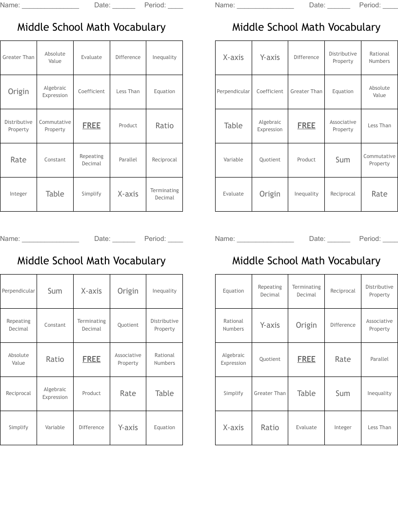 Middle School Math Vocabulary Bingo Cards WordMint