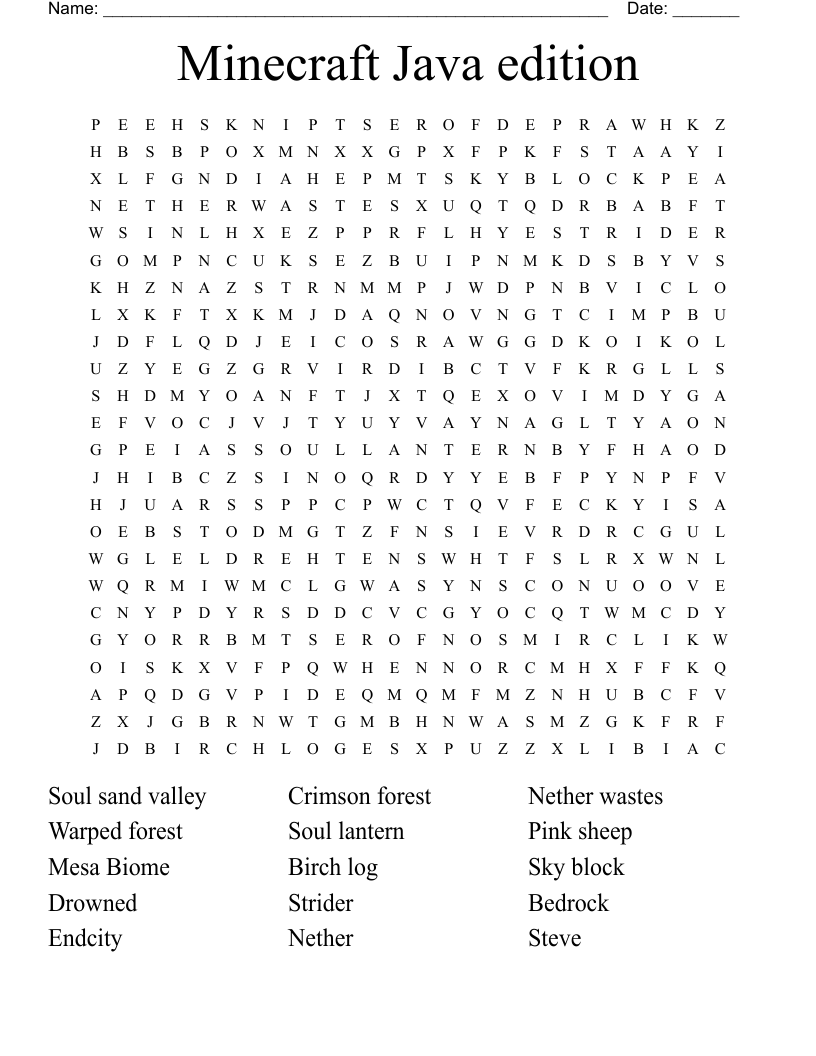 Minecraft Java edition Word Search WordMint