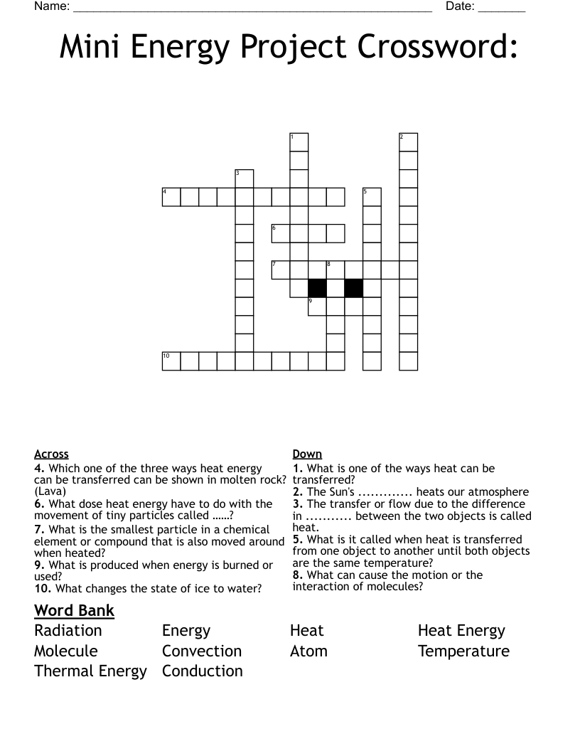 Mini Energy Project Crossword WordMint