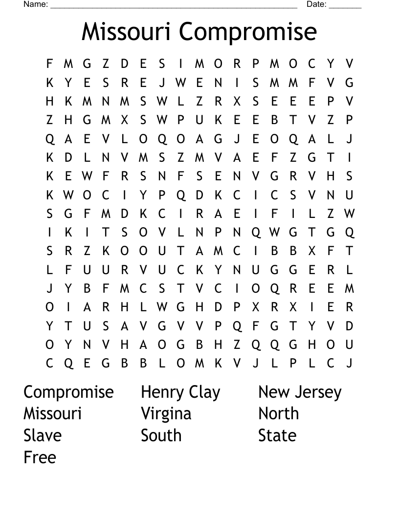 Missouri Compromise Word Search WordMint