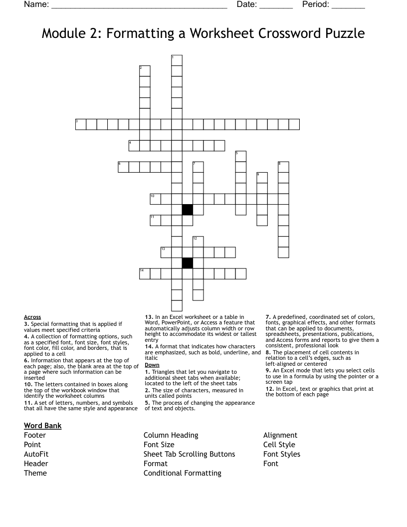 Module 2 Formatting a Worksheet Crossword Puzzle WordMint