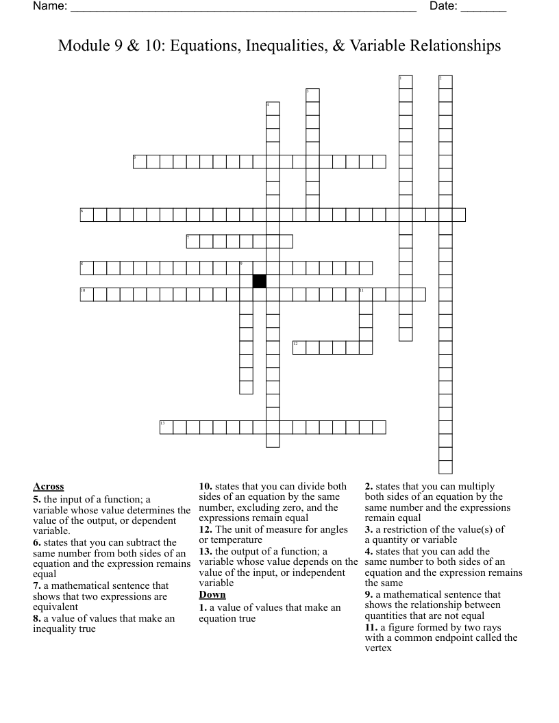 Module 9 & 10 Equations, Inequalities, & Variable Relationships Crossword WordMint