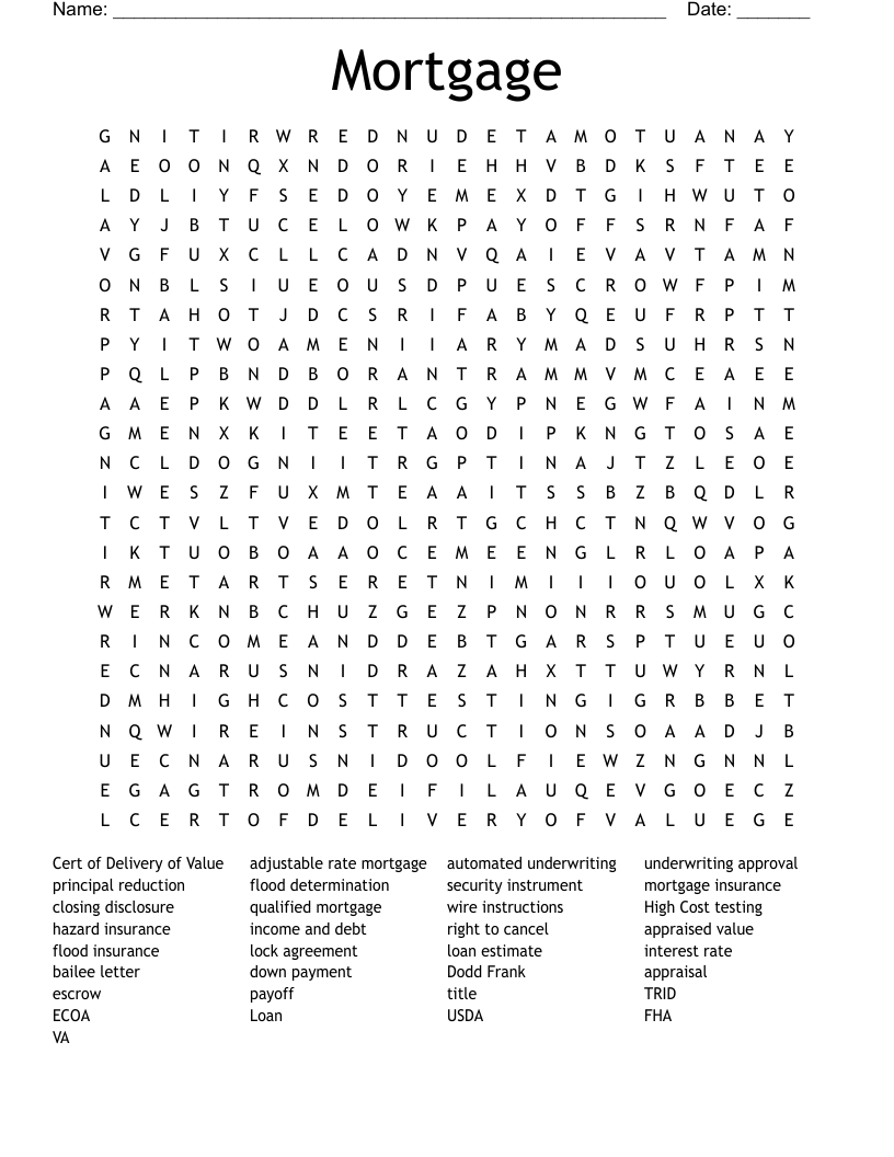 Mortgage Terms Crossword WordMint