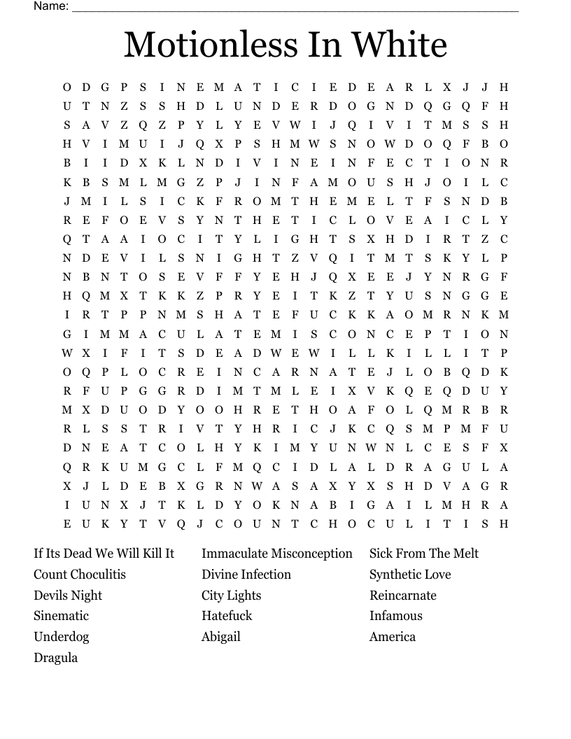 Motionless In White Word Search WordMint