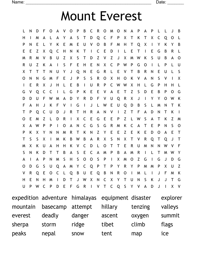 Mount Everest Word Search WordMint