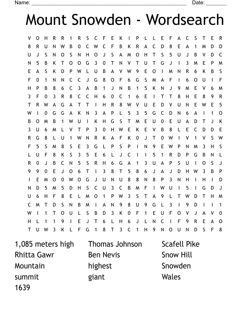Mount Snowden Wordsearch WordMint