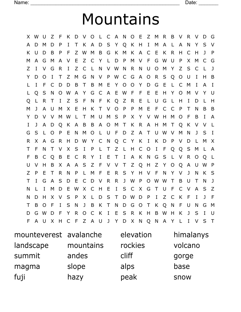 Mountains word search WordMint
