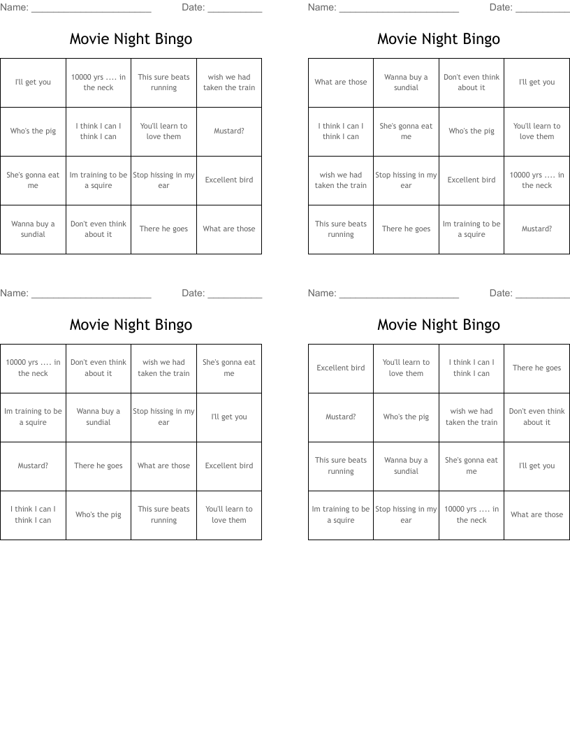 Movie Night Bingo WordMint