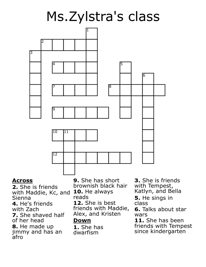 Ms.Zylstra's class Crossword WordMint