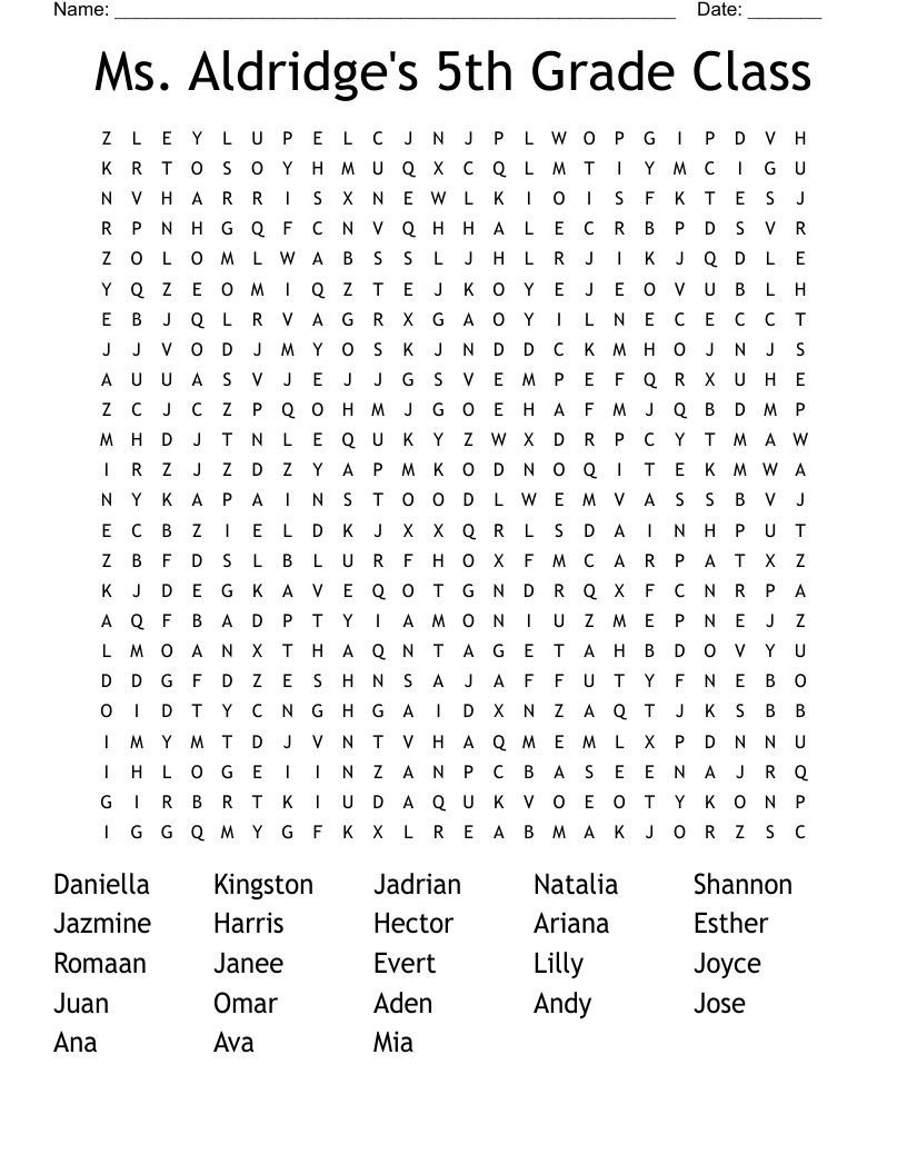 Ms. Aldridge's 5th Grade Class Word Search - WordMint