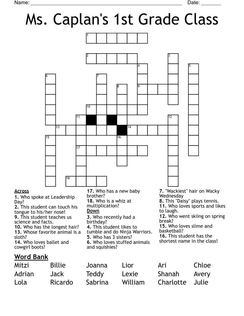 Ms. Caplan's 1st Grade Class Crossword WordMint