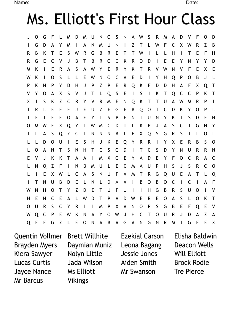 Ms. Elliott's First Hour Class Word Search WordMint