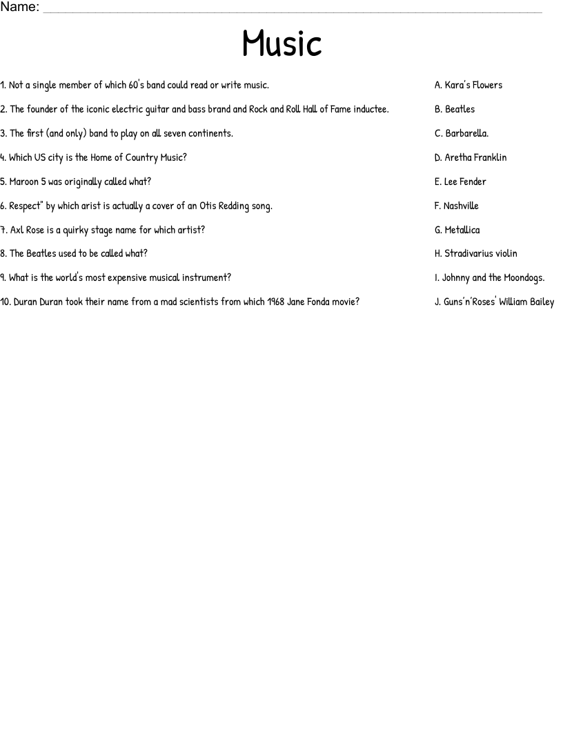 Music Worksheet WordMint