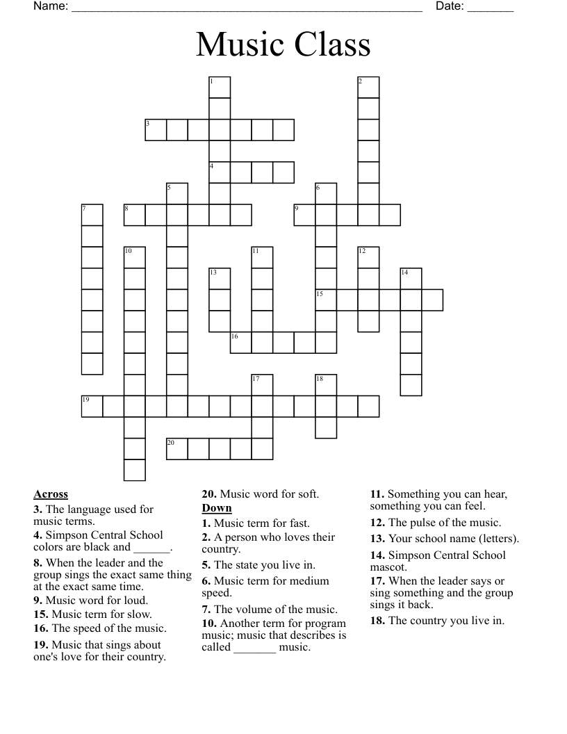 Music Class Crossword WordMint