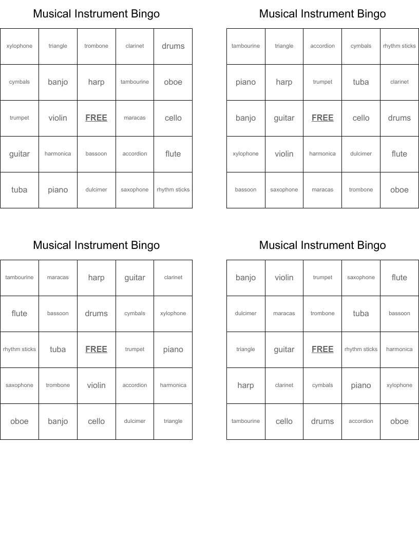 Musical Instrument Bingo WordMint