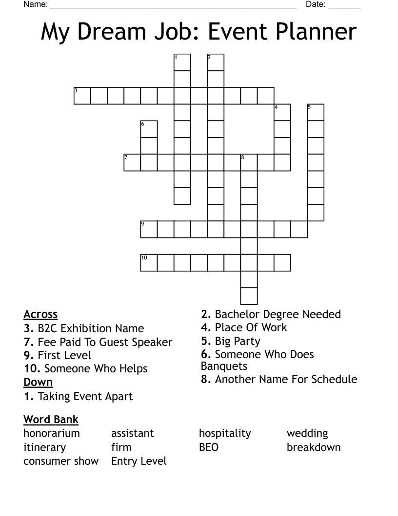 My Dream Job Event Planner Crossword WordMint