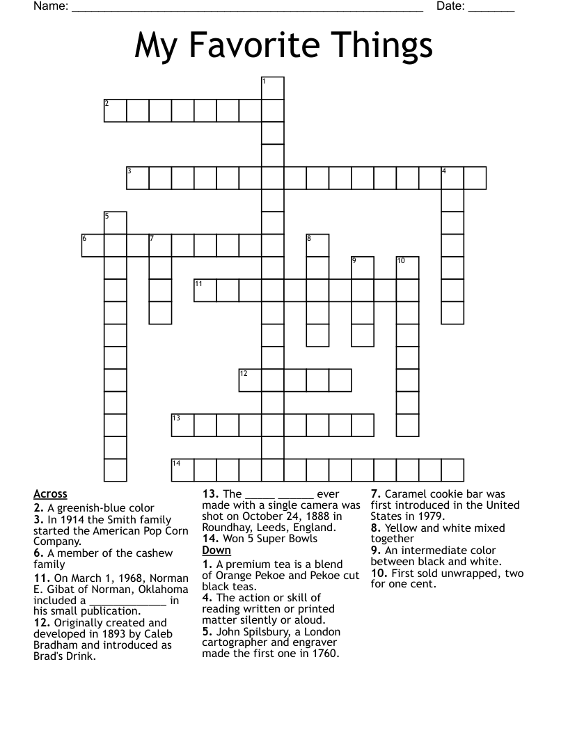 My Favorite Things Crossword WordMint