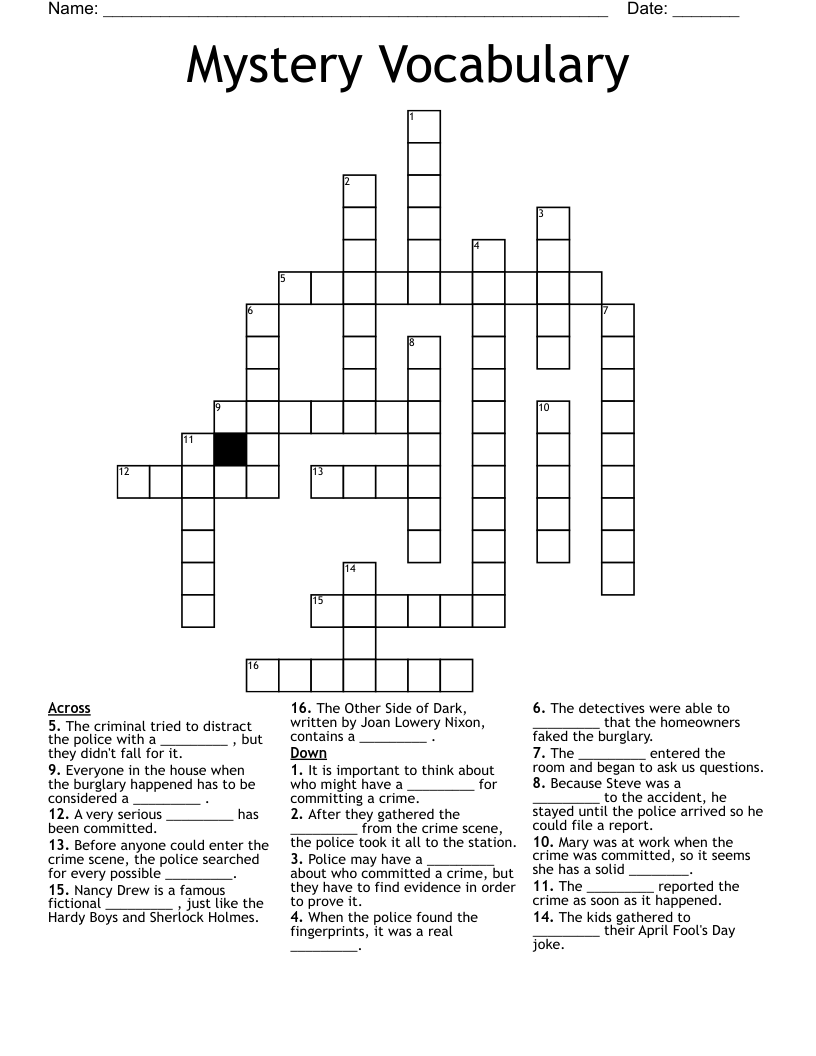 Mystery Vocabulary Crossword WordMint