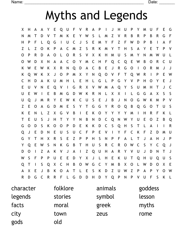 Myths and Legends Word Search WordMint