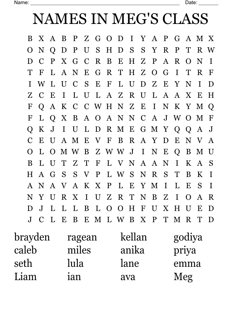 NAMES IN MEG'S CLASS Word Search WordMint