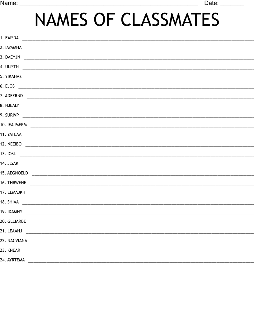 NAMES OF CLASSMATES Word Scramble WordMint
