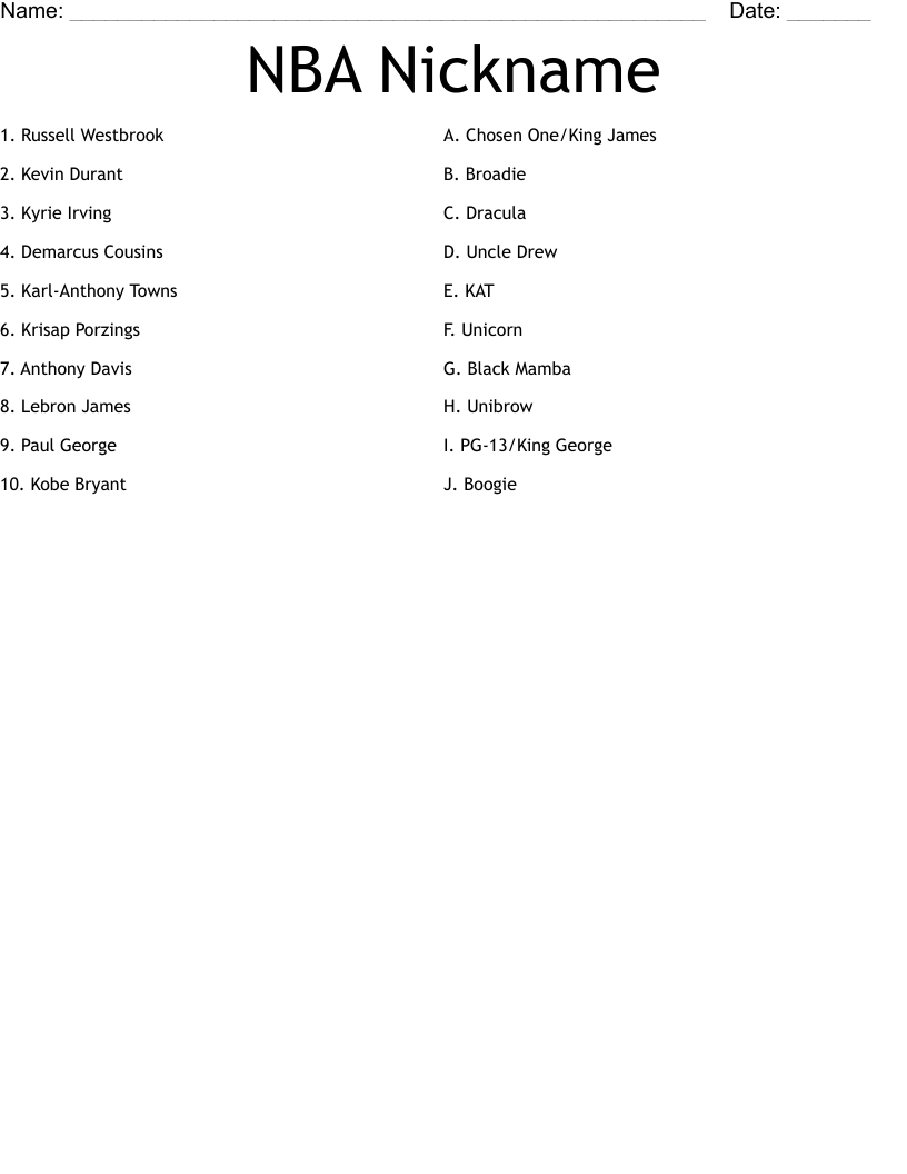 NBA Nickname Worksheet WordMint