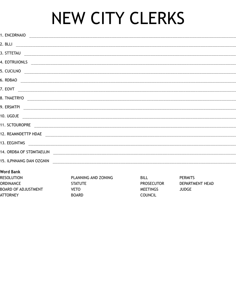 NEW CITY CLERKS Word Scramble WordMint