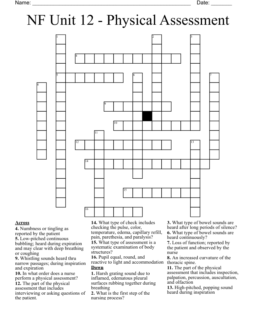 NF Unit 12 Physical Assessment Crossword WordMint
