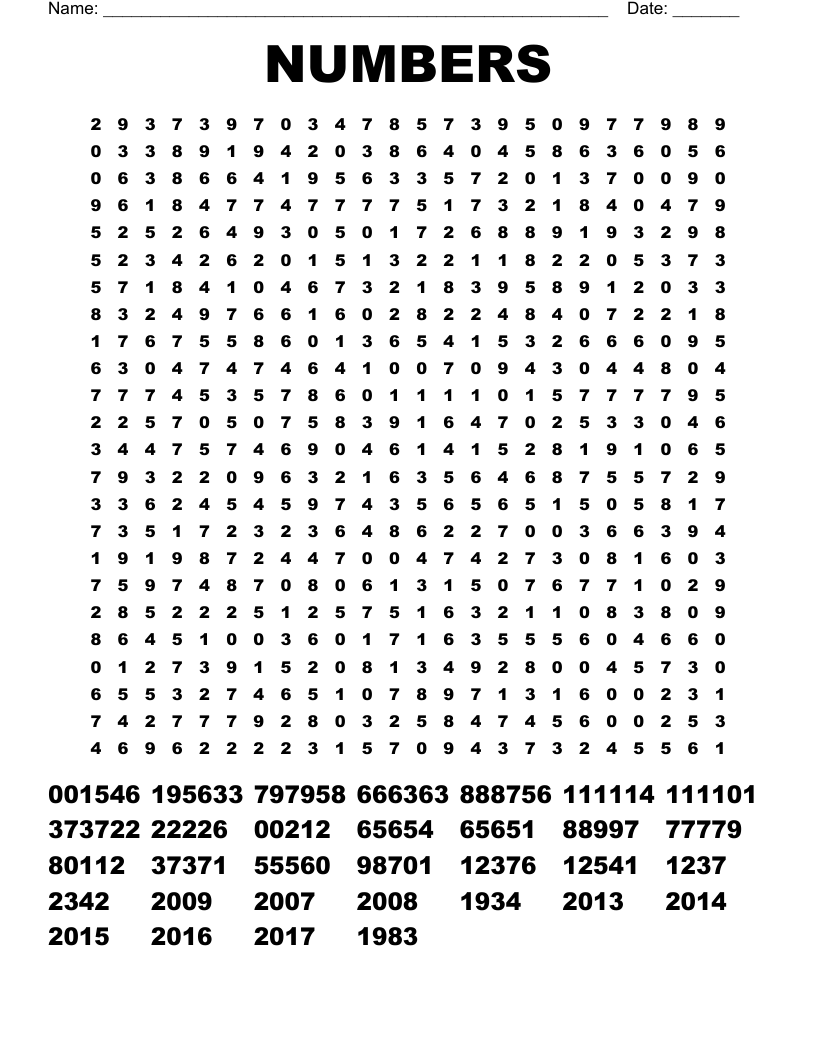 NUMBERS Word Search - WordMint