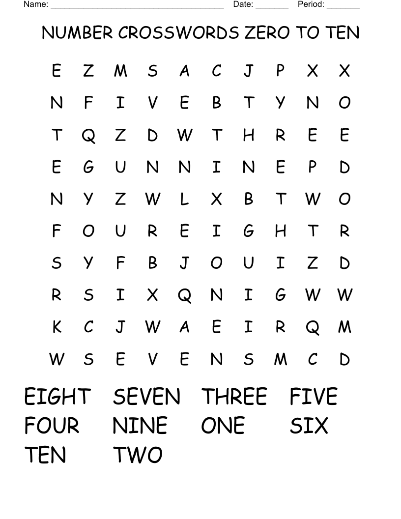 NUMBER CROSSWORDS ZERO TO TEN Word Search WordMint