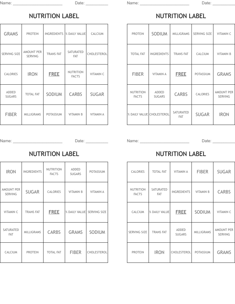 NUTRITION LABEL Bingo Cards WordMint