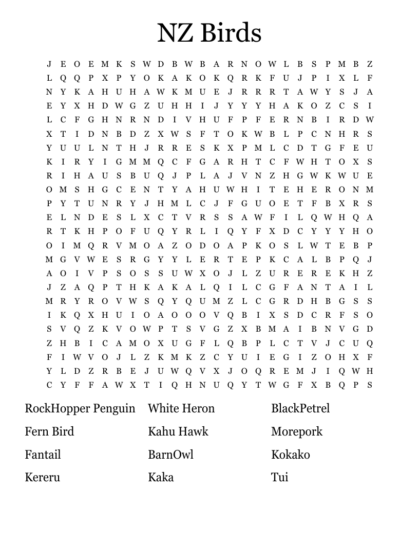 NZ Birds Word Search WordMint