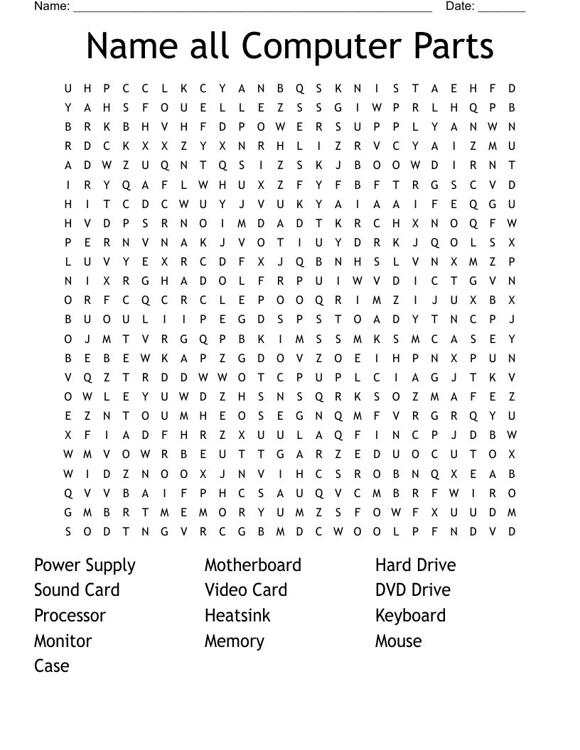 Name all Computer Parts Word Search - WordMint