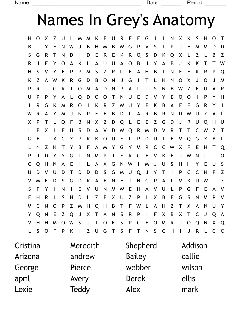 Names In Grey's Anatomy Word Search WordMint