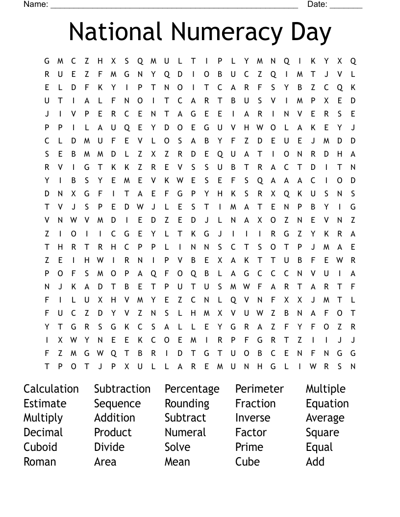 National Numeracy Day Word Search WordMint