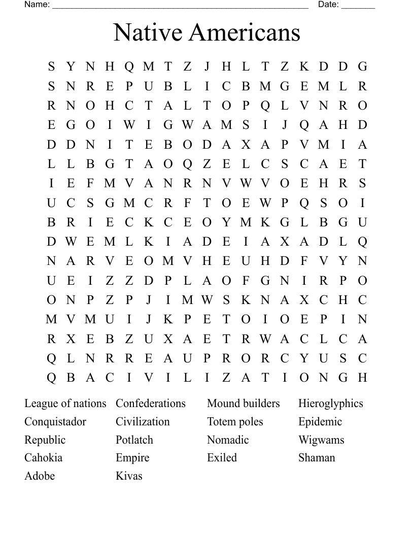 Native Americans Word Search WordMint