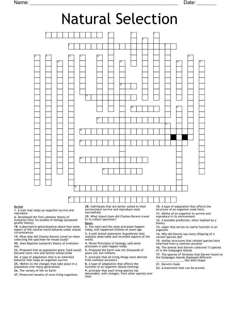 Natural Selection Crossword - WordMint