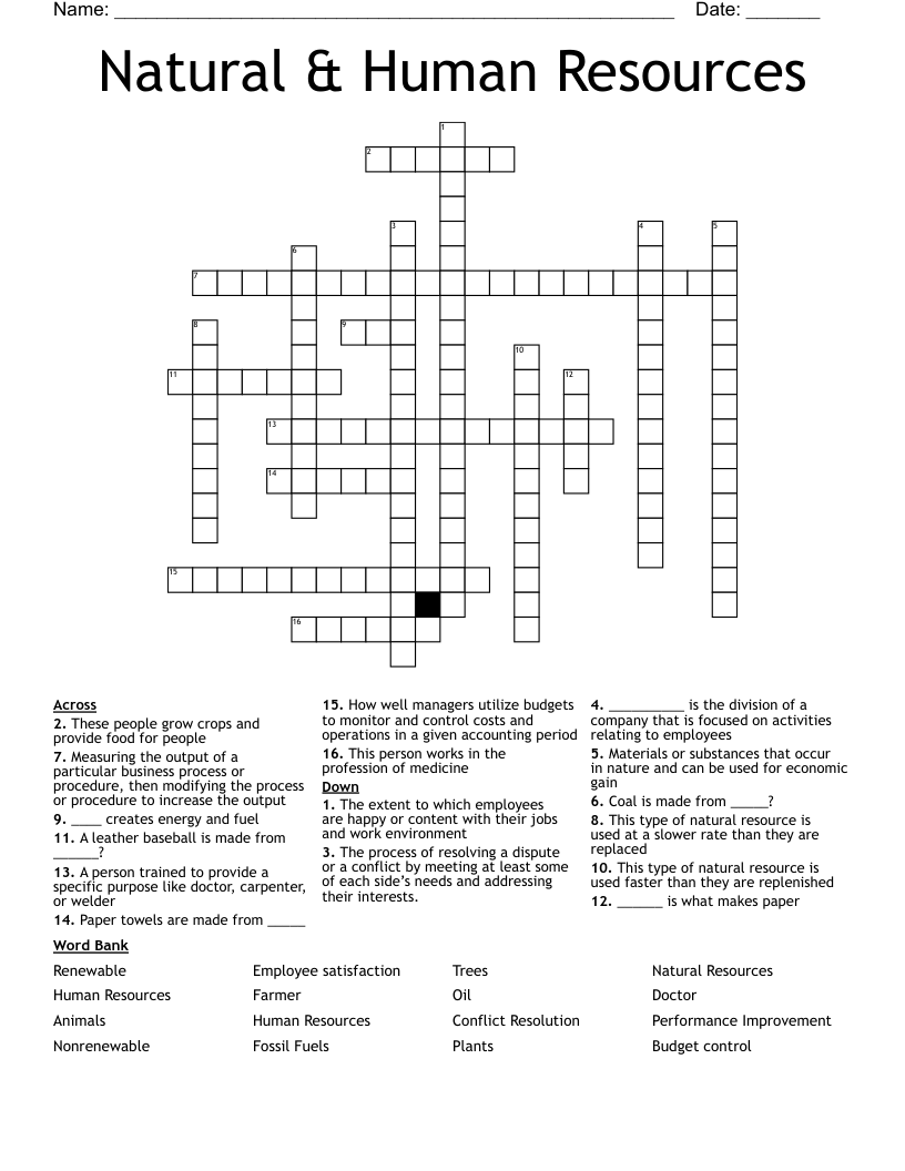 Natural & Human Resources Crossword WordMint