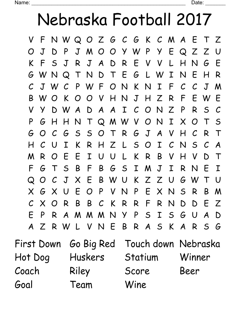 Nebraska Football 2017 Word Search WordMint