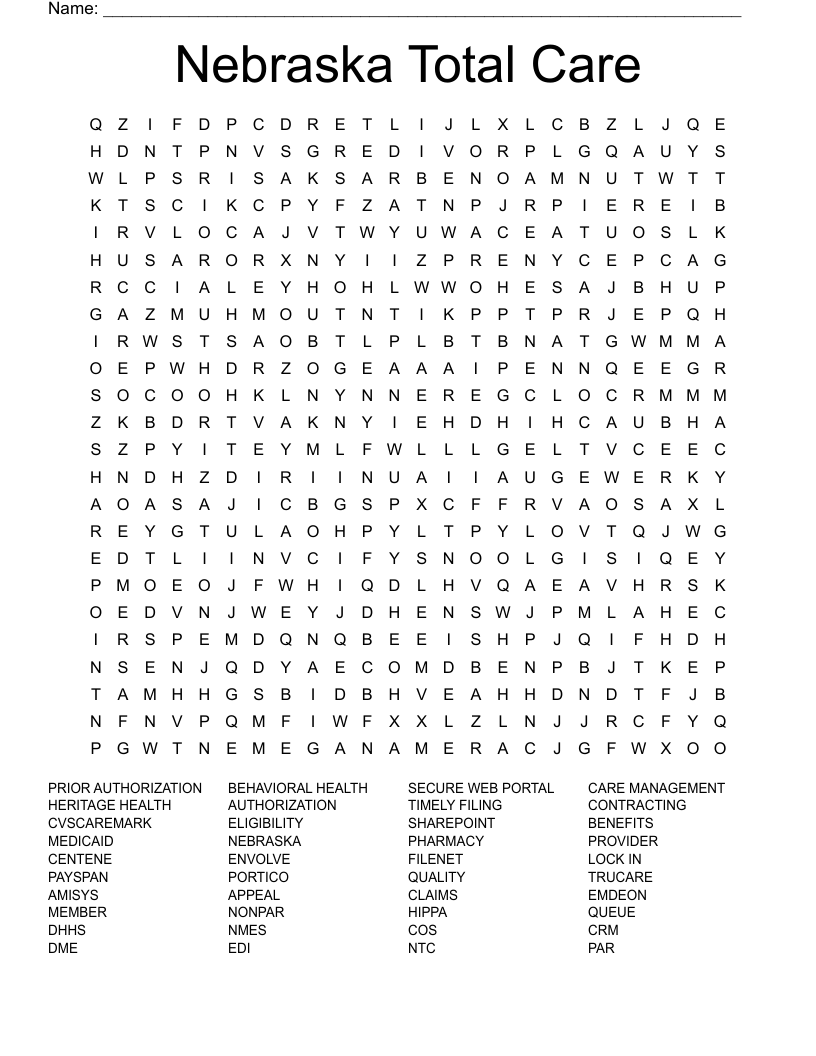 Nebraska Total Care Word Search WordMint