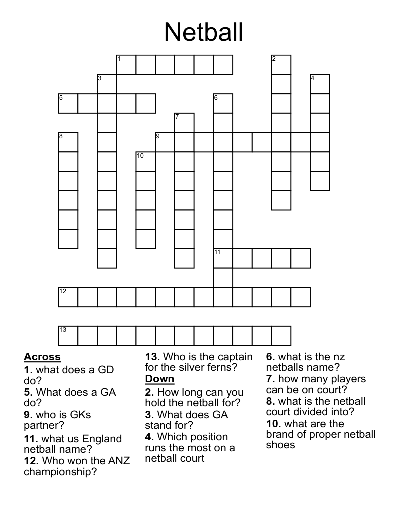 Netball Crossword WordMint