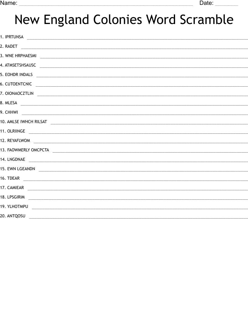 New England Colonies Word Scramble WordMint