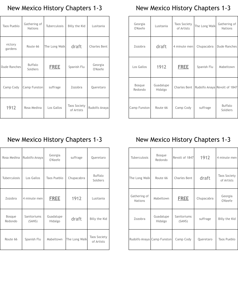 New Mexico History Chapters 13 Bingo Cards WordMint
