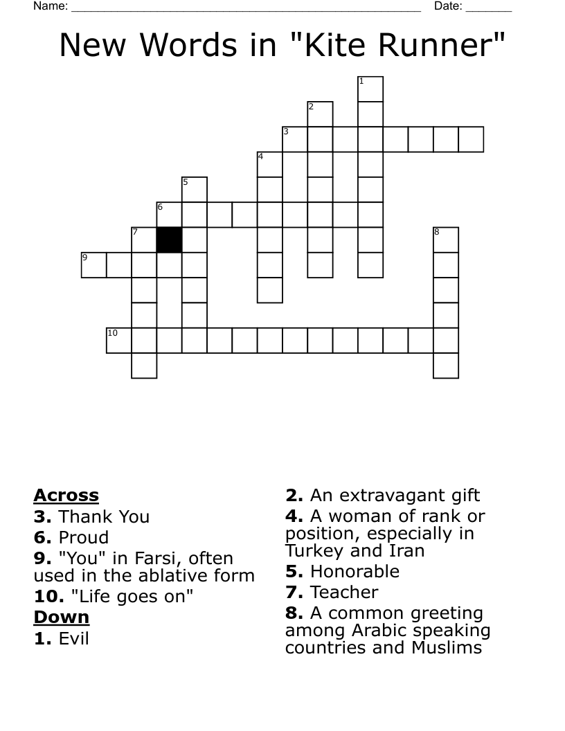 New Words in "Kite Runner" Crossword WordMint