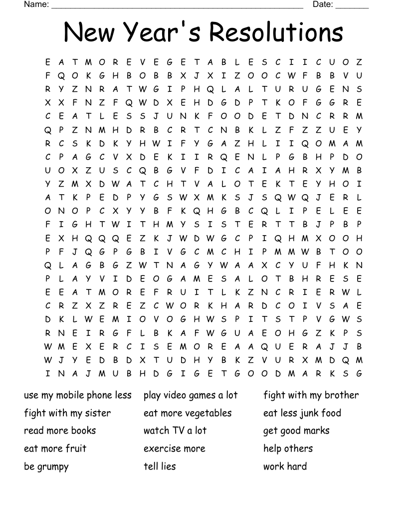 New Year's Resolutions Word Search WordMint