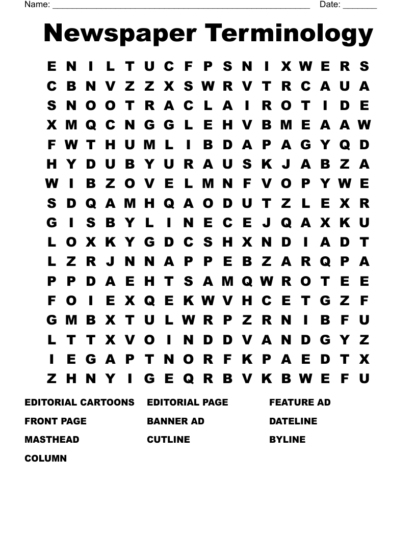 Newspaper Terminology Word Search WordMint