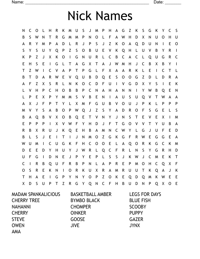 Nick Names Word Search WordMint