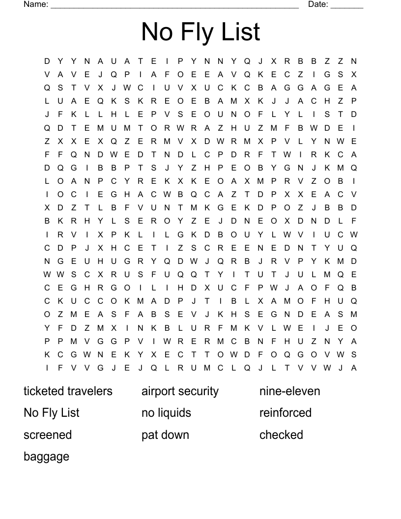 No Fly List Word Search WordMint