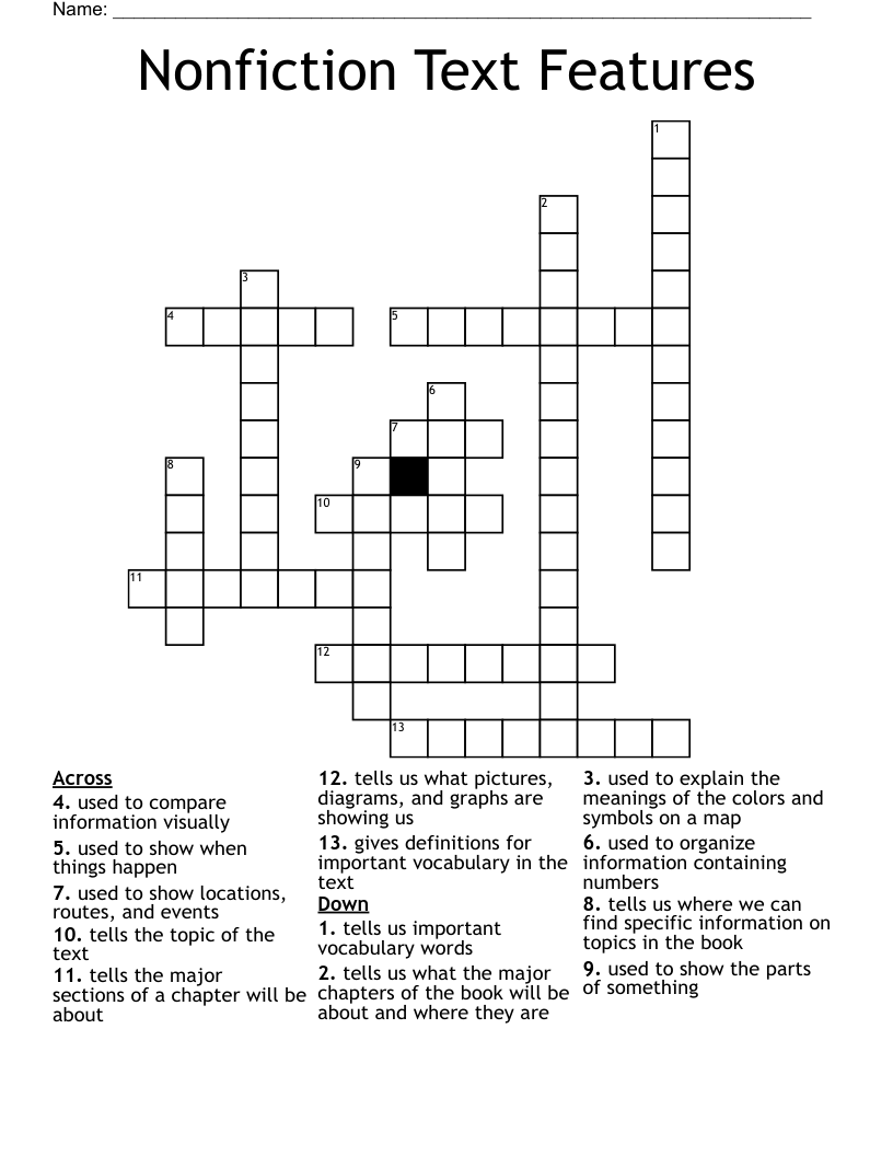 Nonfiction Text Features Crossword WordMint